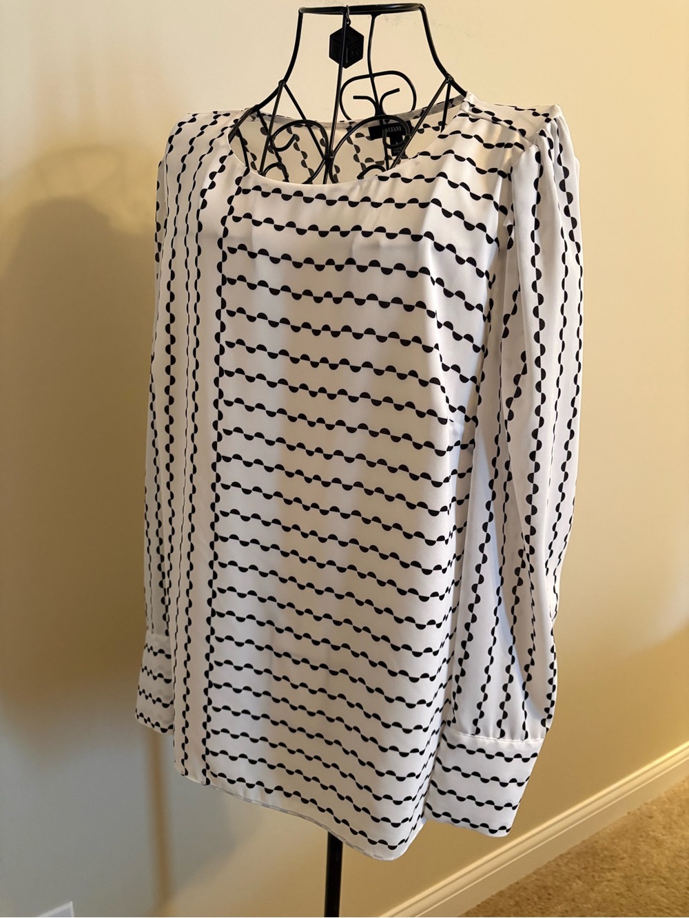 Alfani White Blouse with Black Dot-Stripe Pattern
